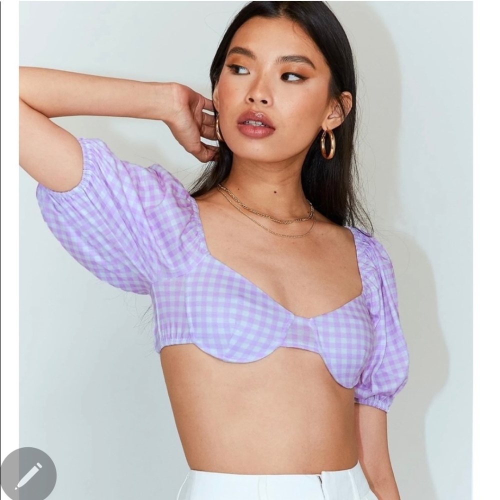 Princess Polly Purple Cropped Plaid Top Lilac Size 8